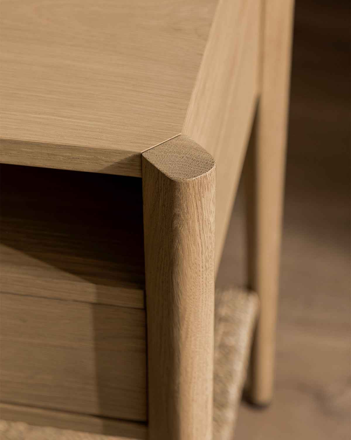 Bello Nightstand White Oak  Pullout Drawer, Seagrass Shelf