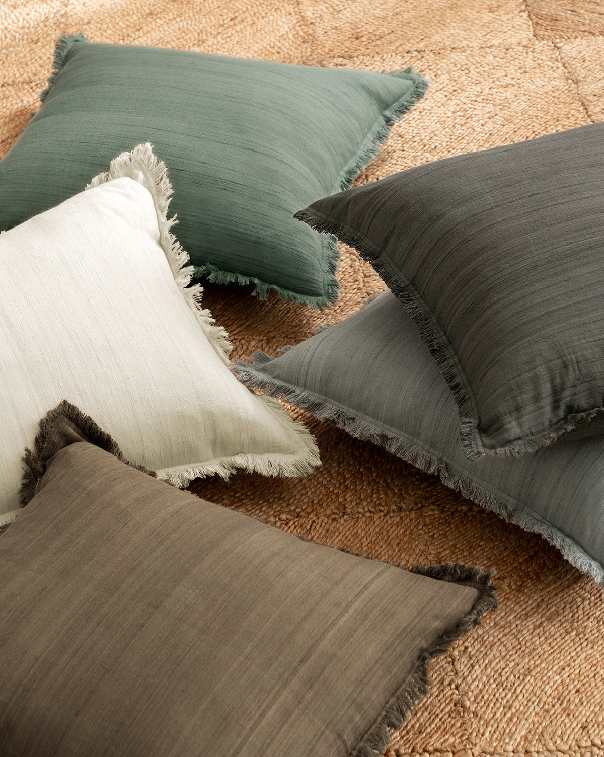 Bela Silk Fringe Pillow Cover  Woven Texture, Charcoal & Sage