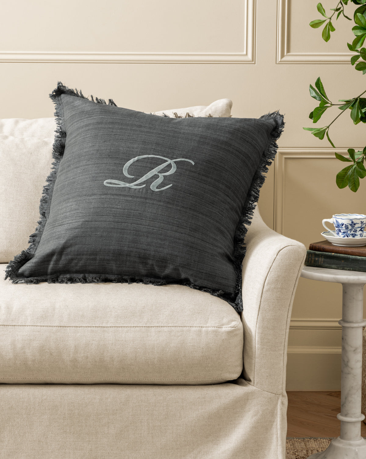 Bela Silk Fringe Pillow Cover  Woven Texture, Charcoal & Sage