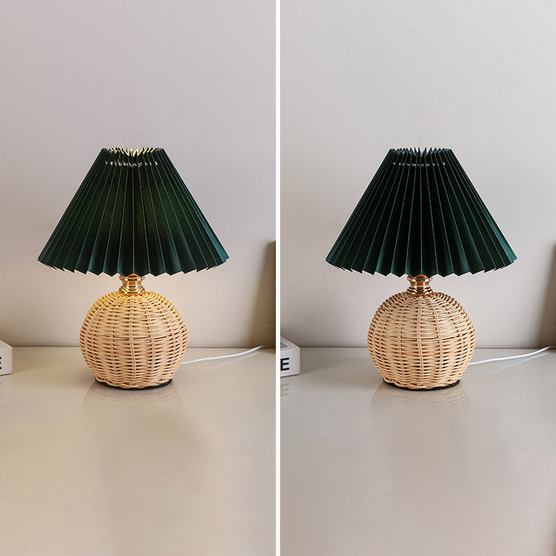 Modern Nordic Rattan Fabric Pleated Conical LED Table Lamp for Bedroom