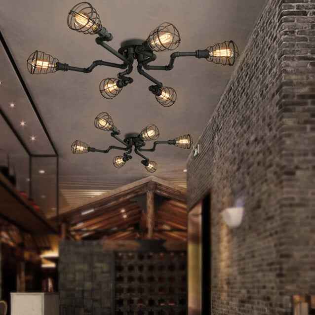 Industrial Vintage Round Iron Flush Mount Ceiling Light - Available in 4, 6, or 8 Lights