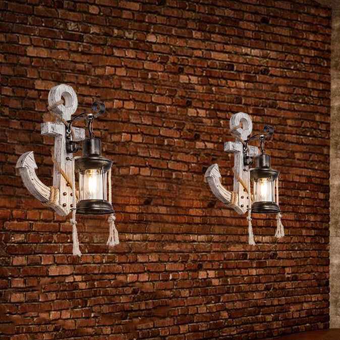 Rustic Industrial Wooden Wall Sconce Lamp with Vintage Boat Anchor Design - 1-Light