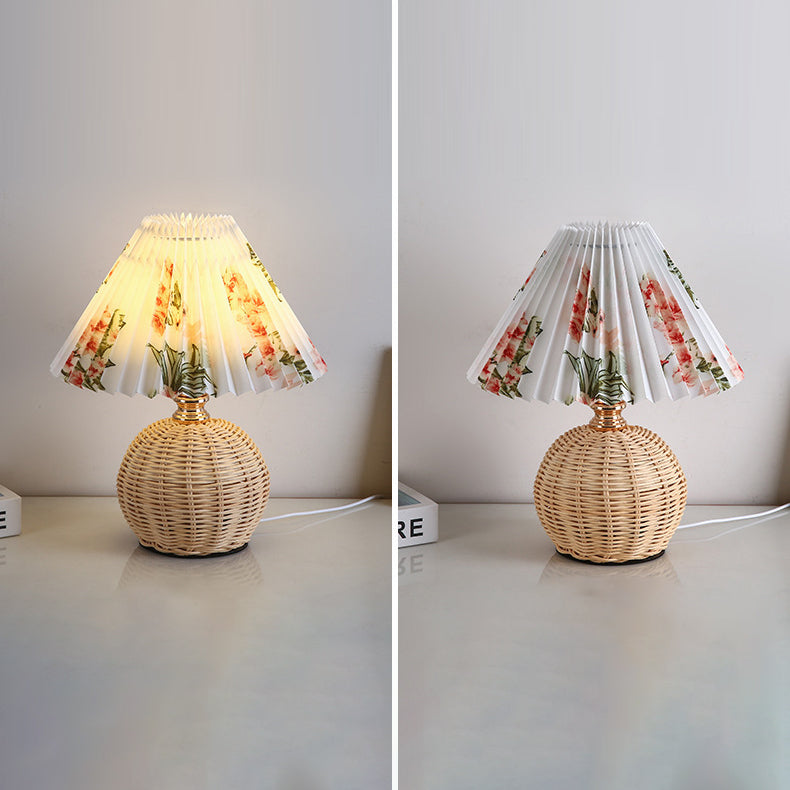Modern Nordic Rattan Fabric Pleated Conical LED Table Lamp for Bedroom