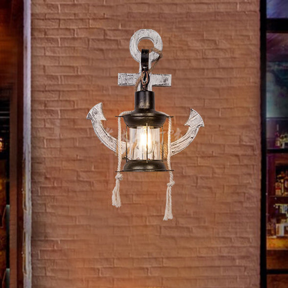 Rustic Industrial Wooden Wall Sconce Lamp with Vintage Boat Anchor Design - 1-Light