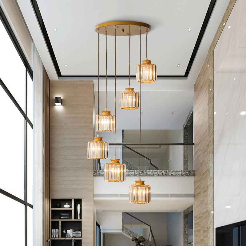 Contemporary 6-Light Cylindrical Crystal Stairway Chandelier