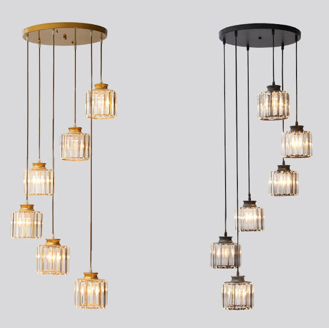 Contemporary 6-Light Cylindrical Crystal Stairway Chandelier