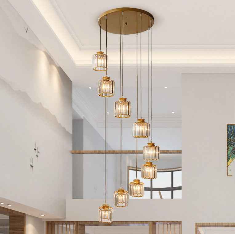 Contemporary 6-Light Cylindrical Crystal Stairway Chandelier