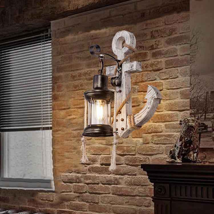 Rustic Industrial Wooden Wall Sconce Lamp with Vintage Boat Anchor Design - 1-Light