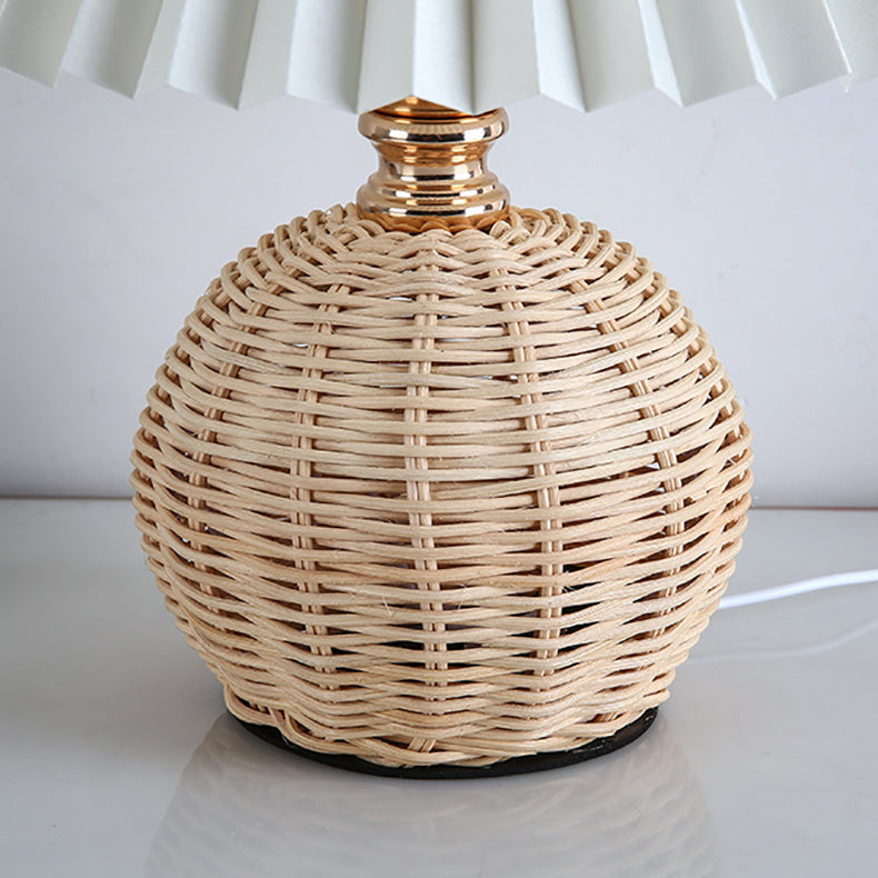 Modern Nordic Rattan Fabric Pleated Conical LED Table Lamp for Bedroom