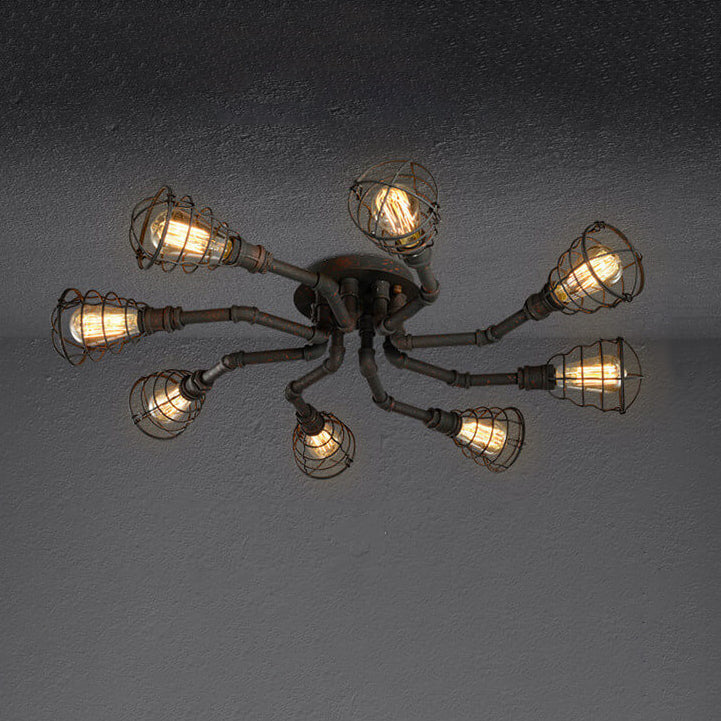 Industrial Vintage Round Iron Flush Mount Ceiling Light - Available in 4, 6, or 8 Lights
