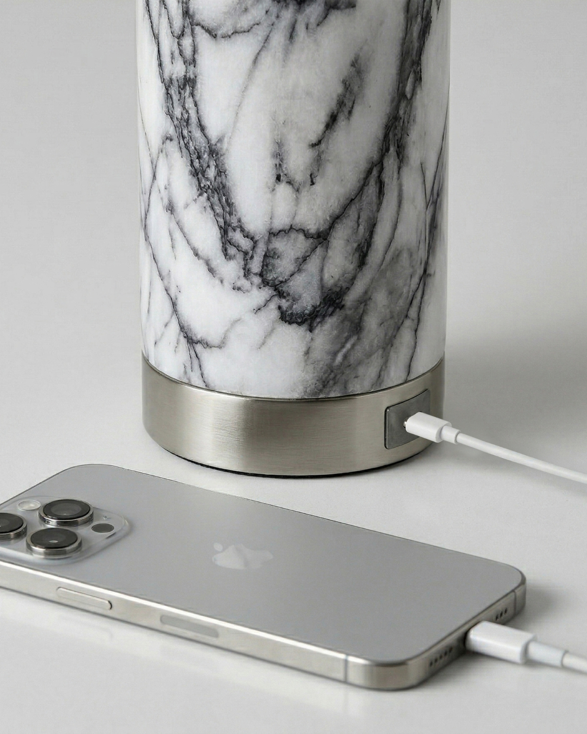 Arden USB Table Lamp | White Marble Body, Brass Details