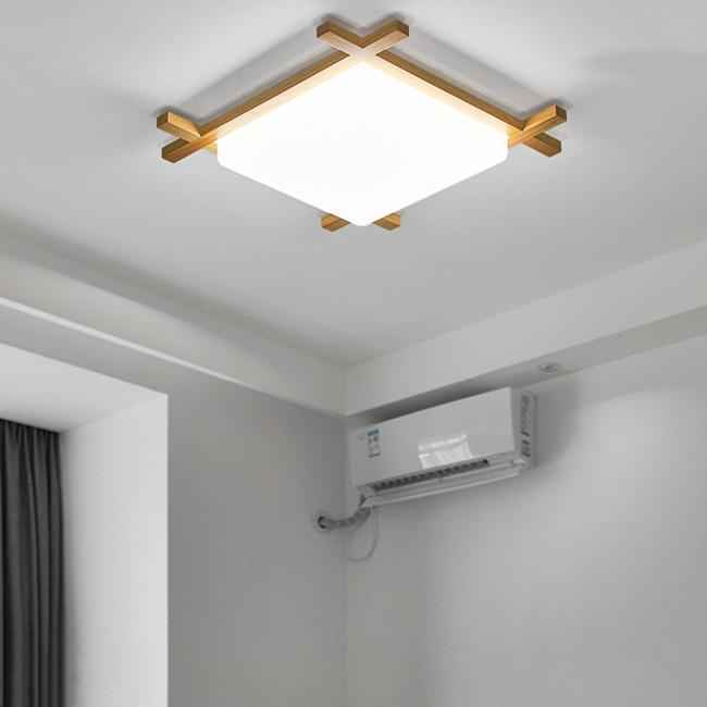 Traditional Japanese Square Tatami LED Flush Mount Ceiling Light in Wood and Acrylic for Bedrooms