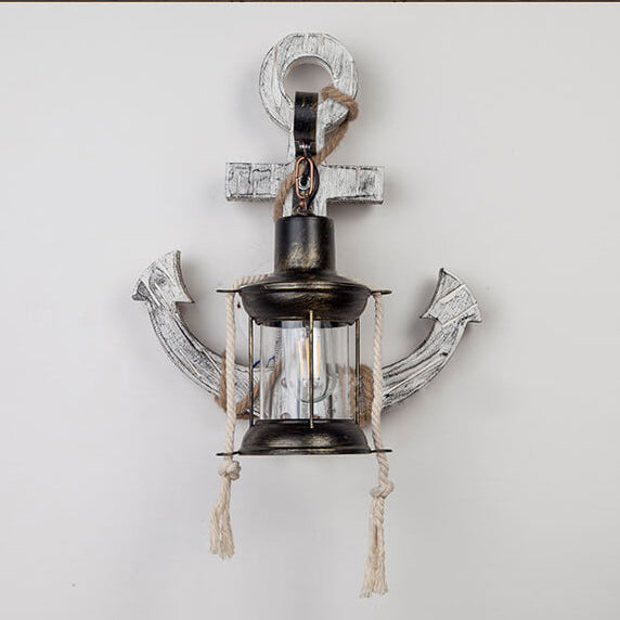 Rustic Industrial Wooden Wall Sconce Lamp with Vintage Boat Anchor Design - 1-Light