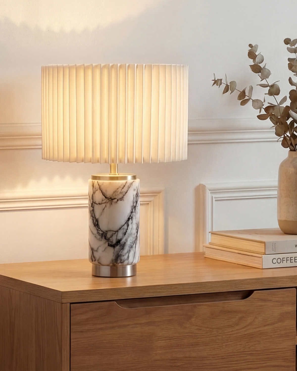 Arden USB Table Lamp | White Marble Body, Brass Details