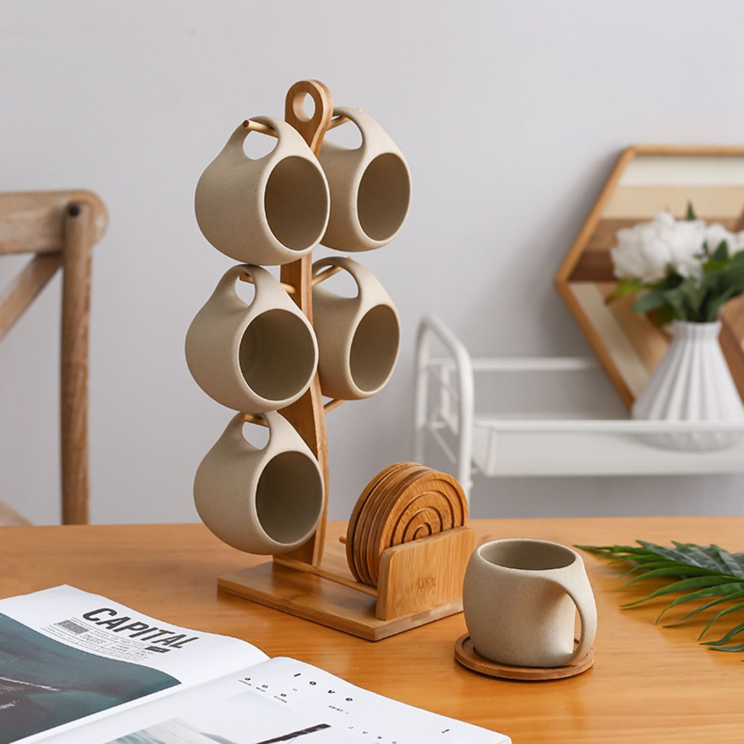 Bela Ceramic Cup Set | 6 Nordic Cups with Bamboo Stand & Coasters