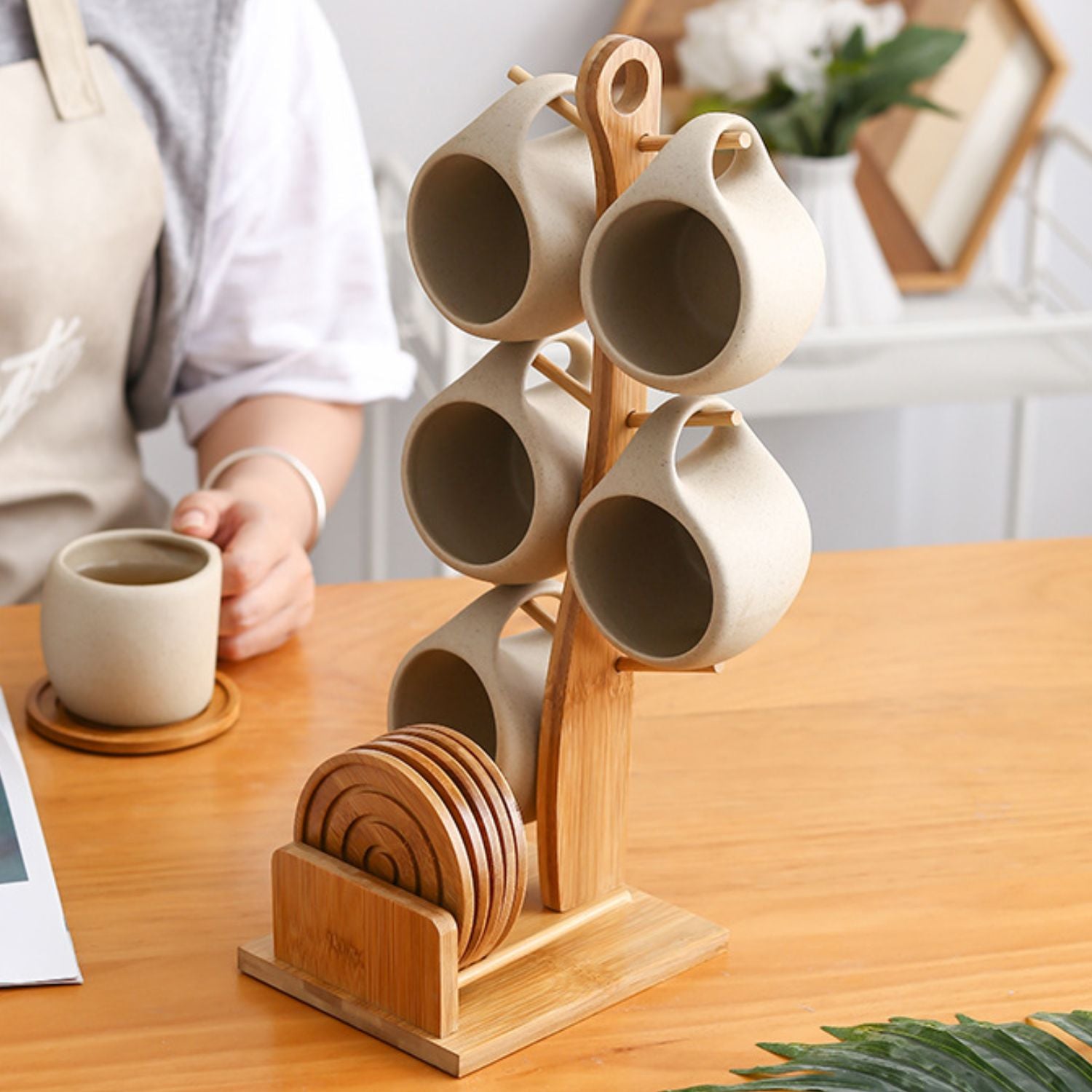 Bela Ceramic Cup Set | 6 Nordic Cups with Bamboo Stand & Coasters
