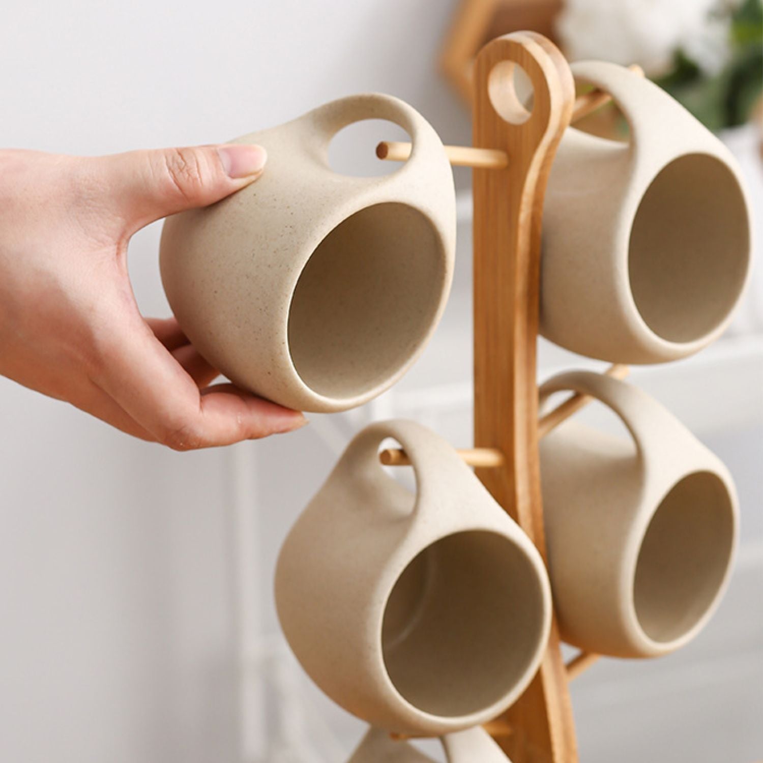 Bela Ceramic Cup Set | 6 Nordic Cups with Bamboo Stand & Coasters