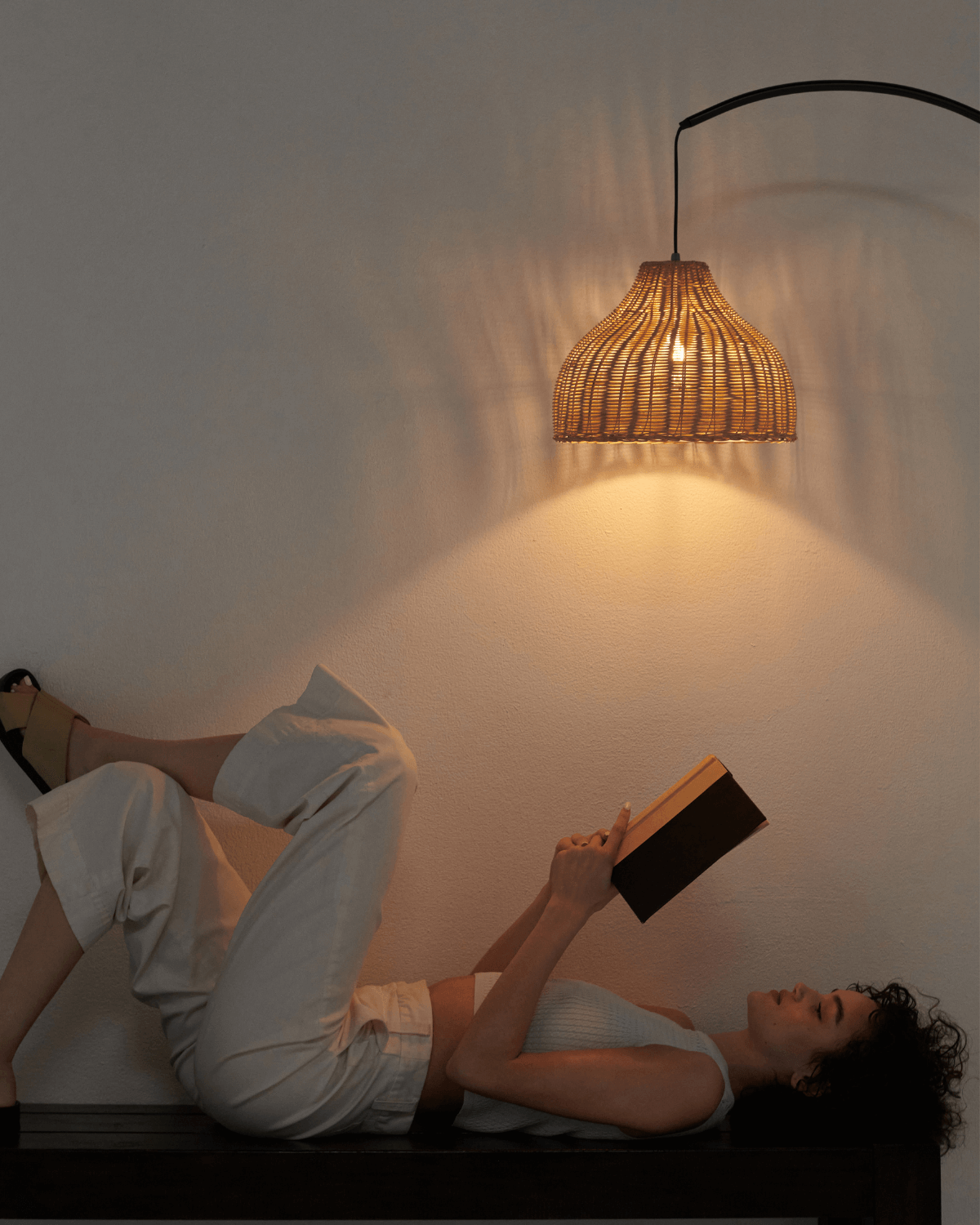 Luxe Arc Floor Lamp | Brass Finish, Wicker Shade