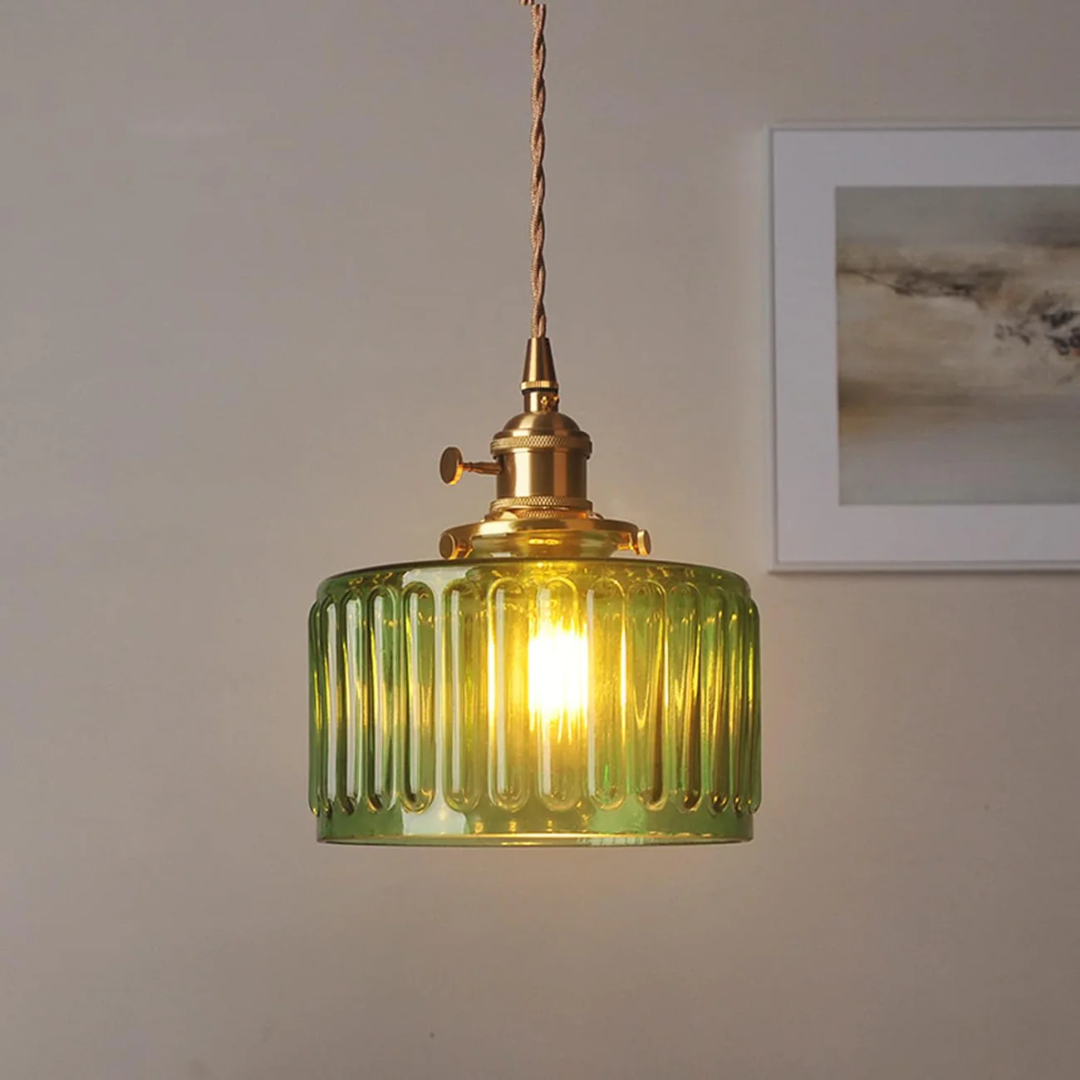 Gryo Glass Pendant Light | Ribbed Green Shade, E27 Fitting