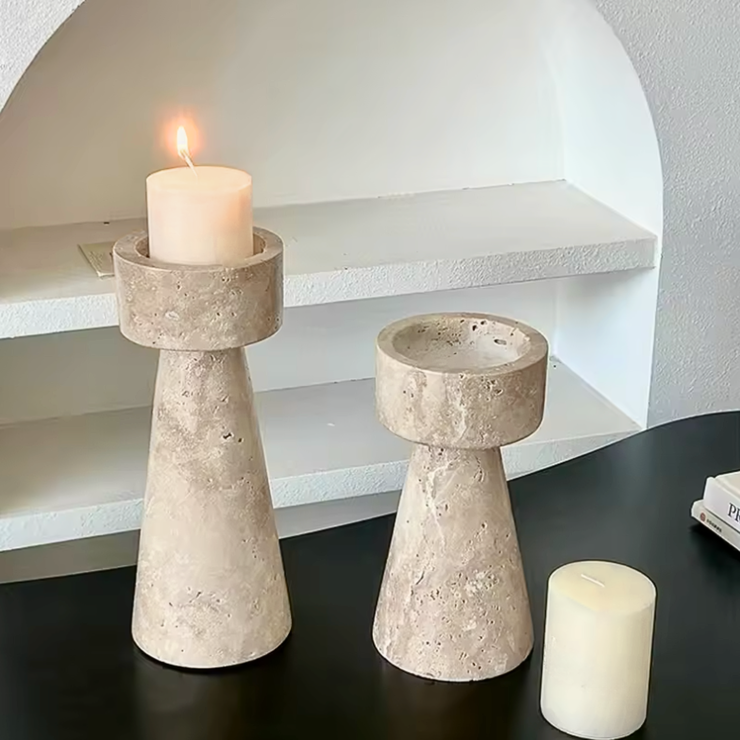 Bela Travertine Marble Candle Holder | Sculptural Design, 25 cm Height