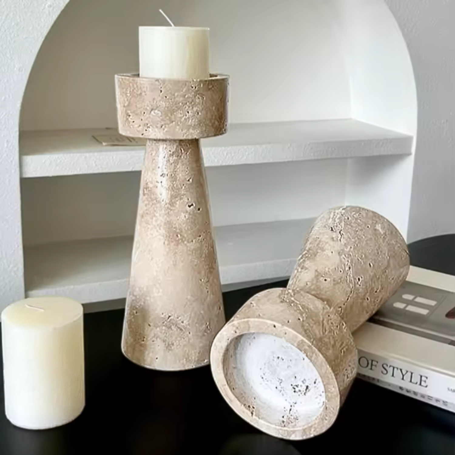 Bello Candle Holder Tower | Natural Travertine Marble, 20cm
