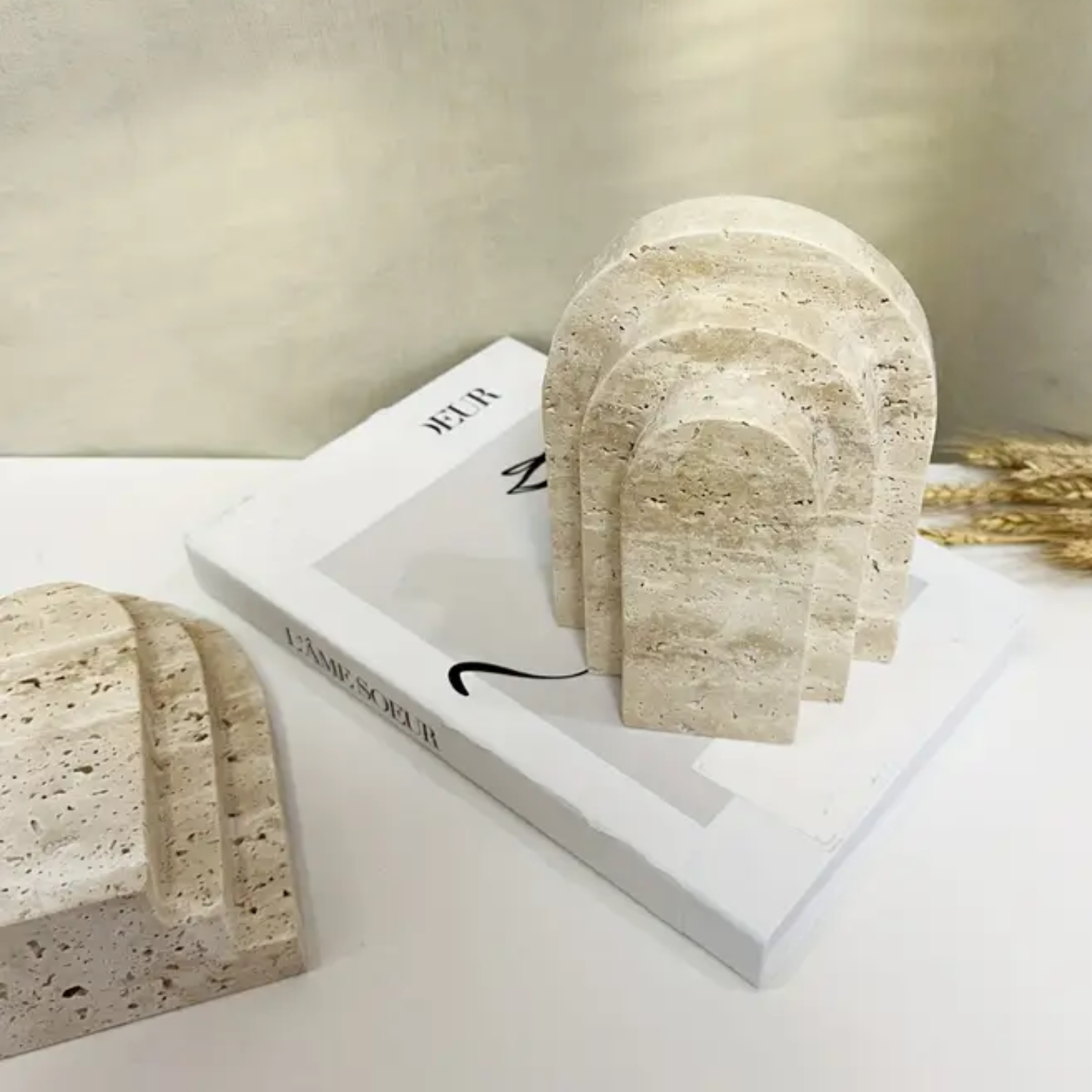 Brio Bookends | Polished Travertine Marble, Set of 2