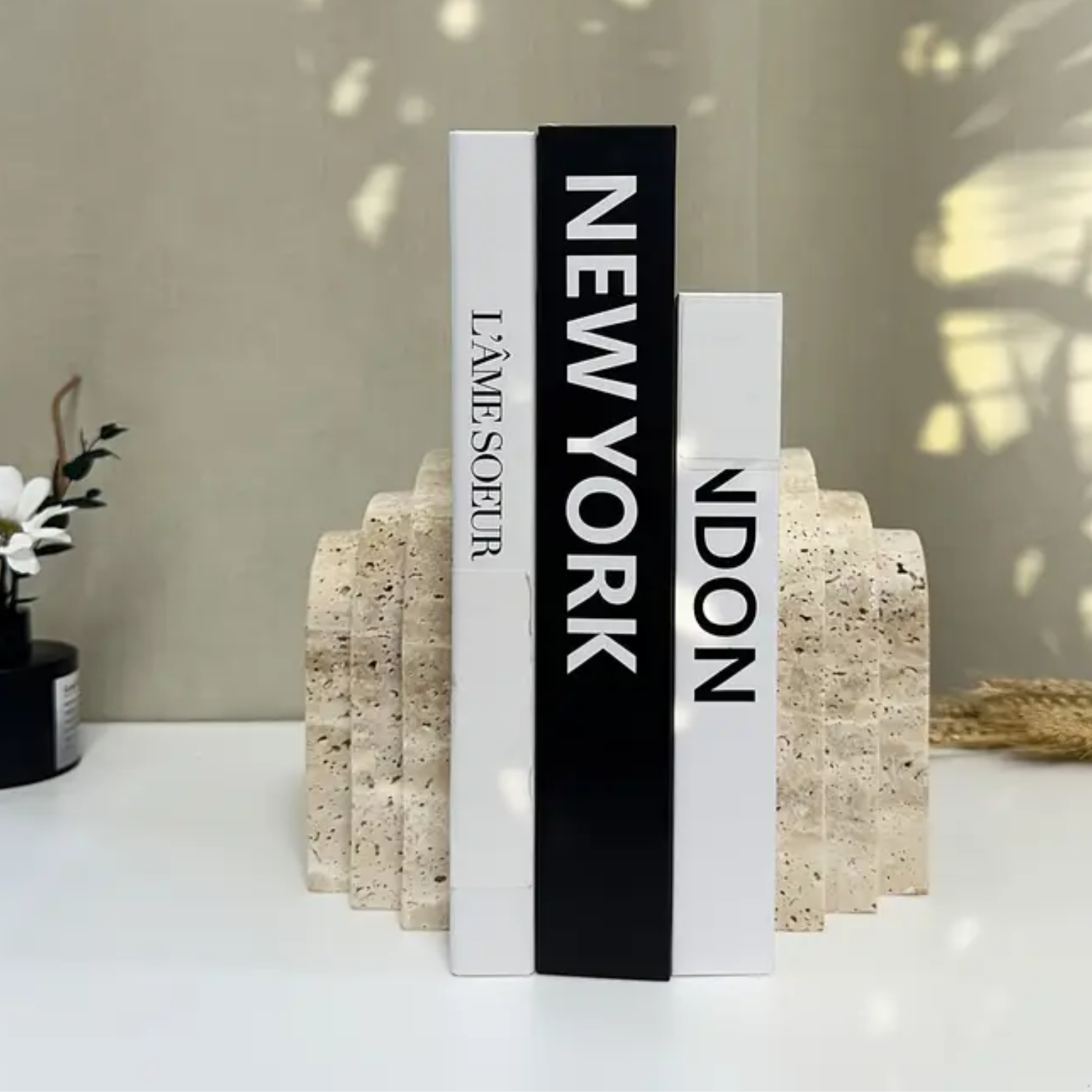 Brio Bookends | Polished Travertine Marble, Set of 2
