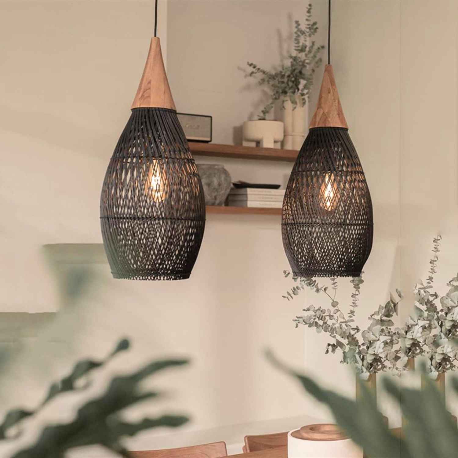 Ethereal – Black Rattan Boho Pendant Lamp 25cm - Cendre Home