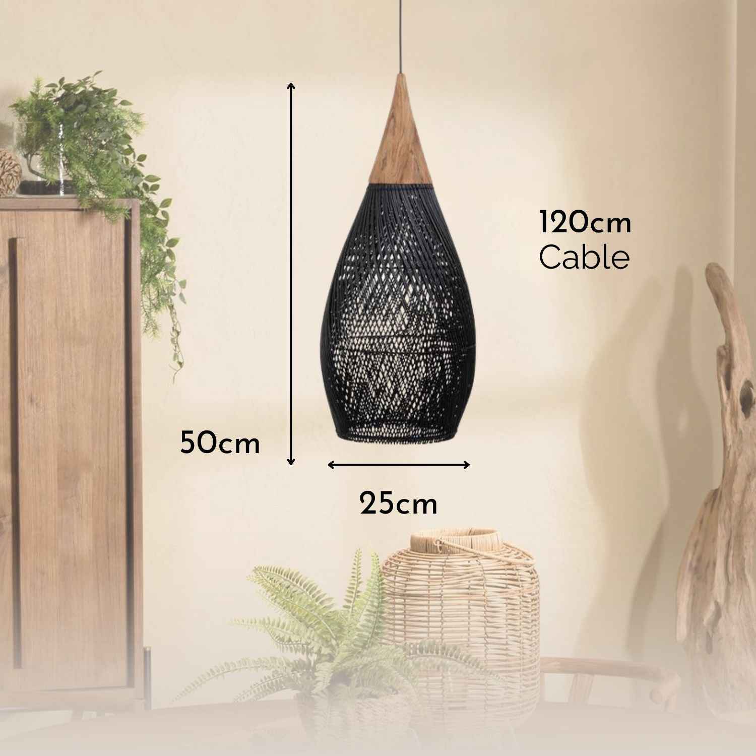 Ethereal – Black Rattan Boho Pendant Lamp 25cm - Cendre Home