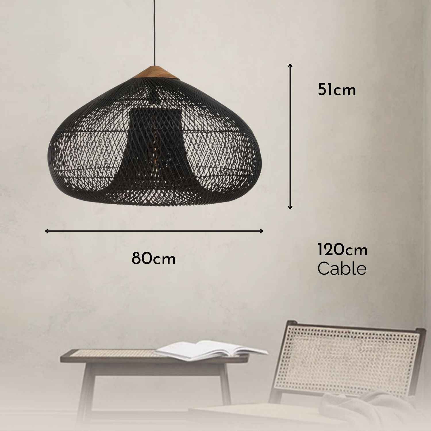 Ethereal – Black Boho Rattan Pendant Lamp 80cm - Cendre Home