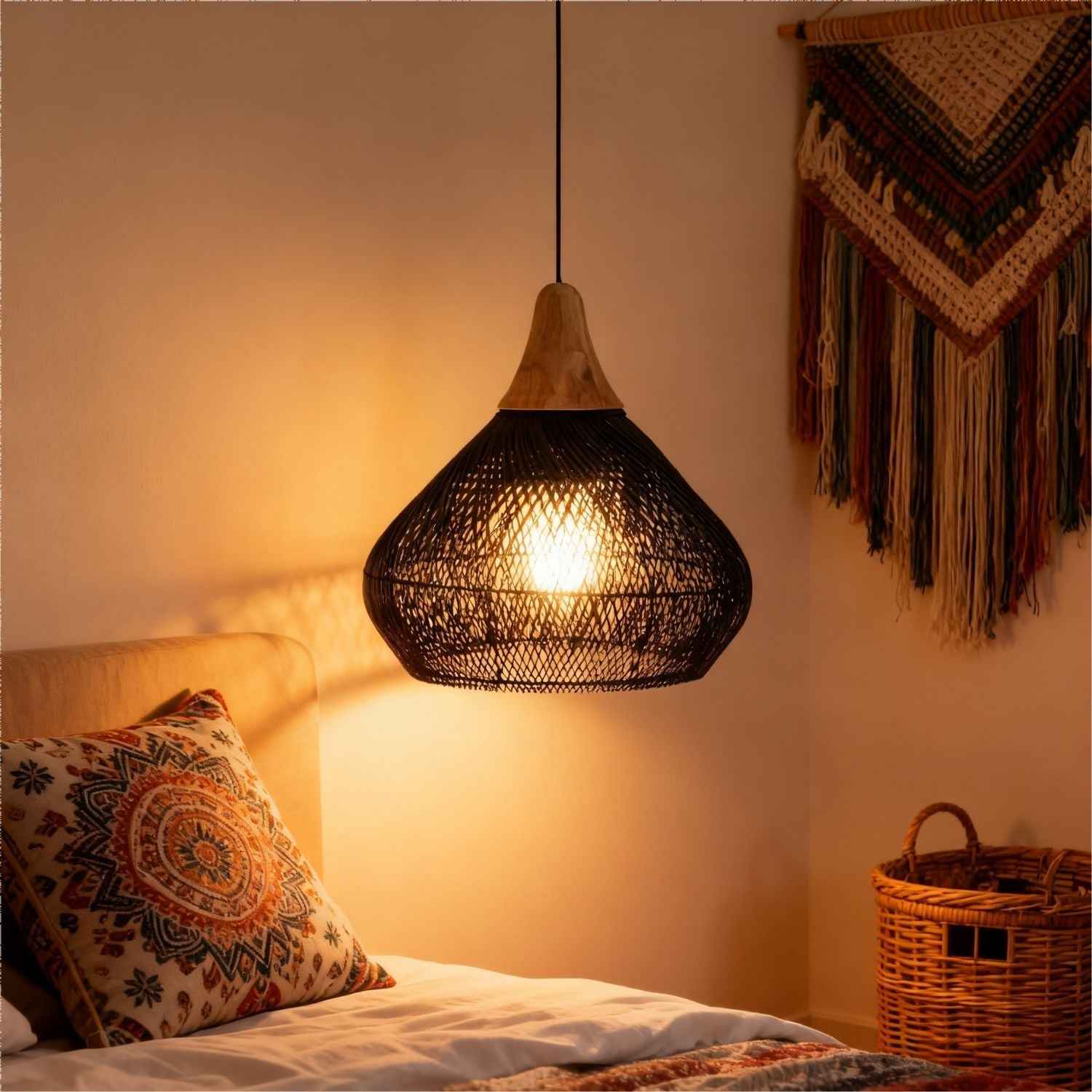 Ethereal – Black Rattan Boho Pendant Light 50cm - Cendre Home