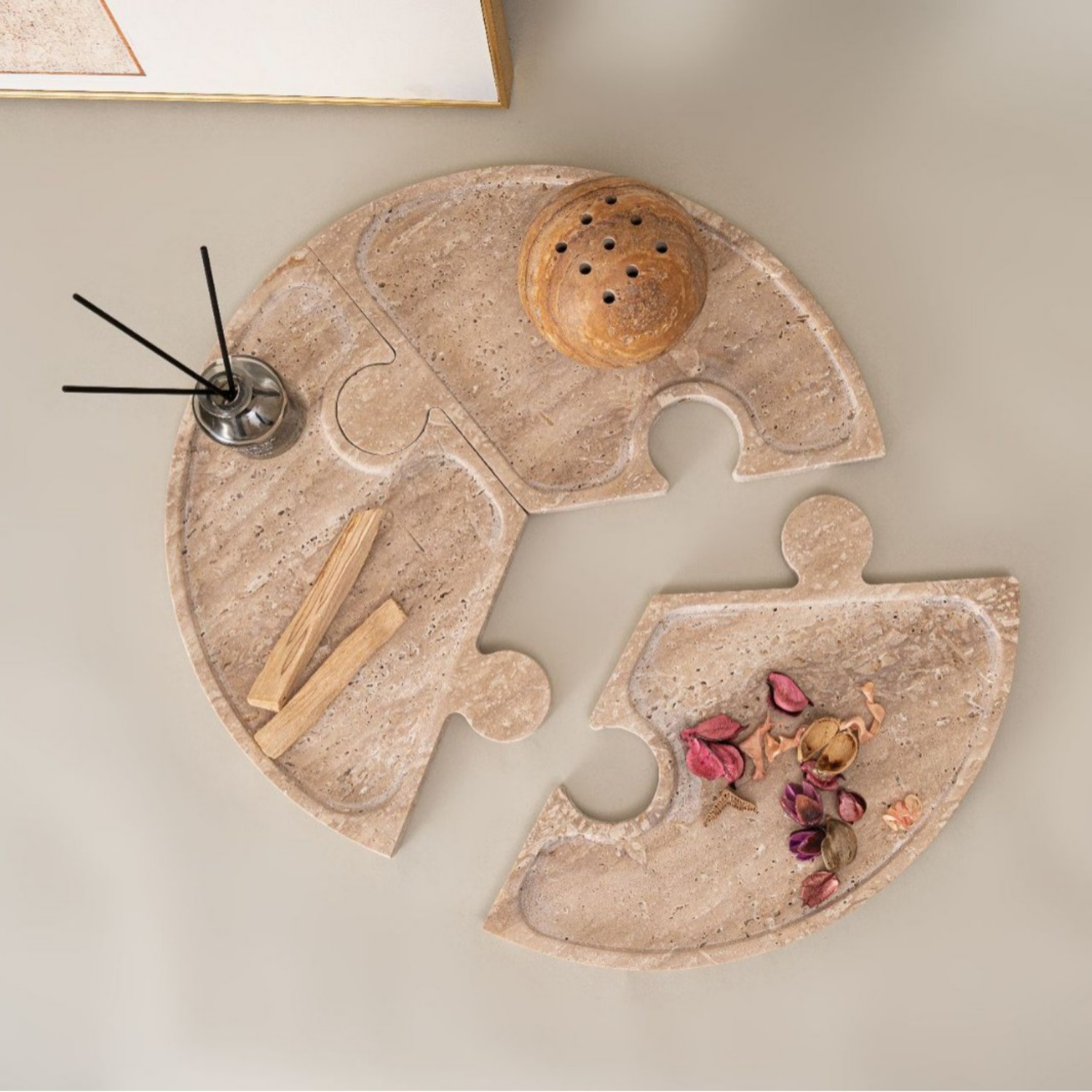Bello Travertine Puzzle Tray | 3-in-1 Design, Natural Stone
