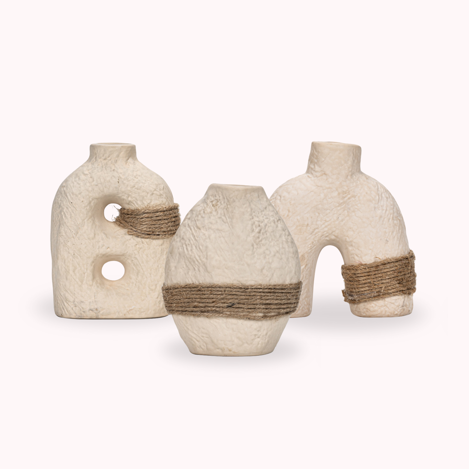 Bela Ceramic Vases Set | Textured White Porcelain, Natural Hemp Rope