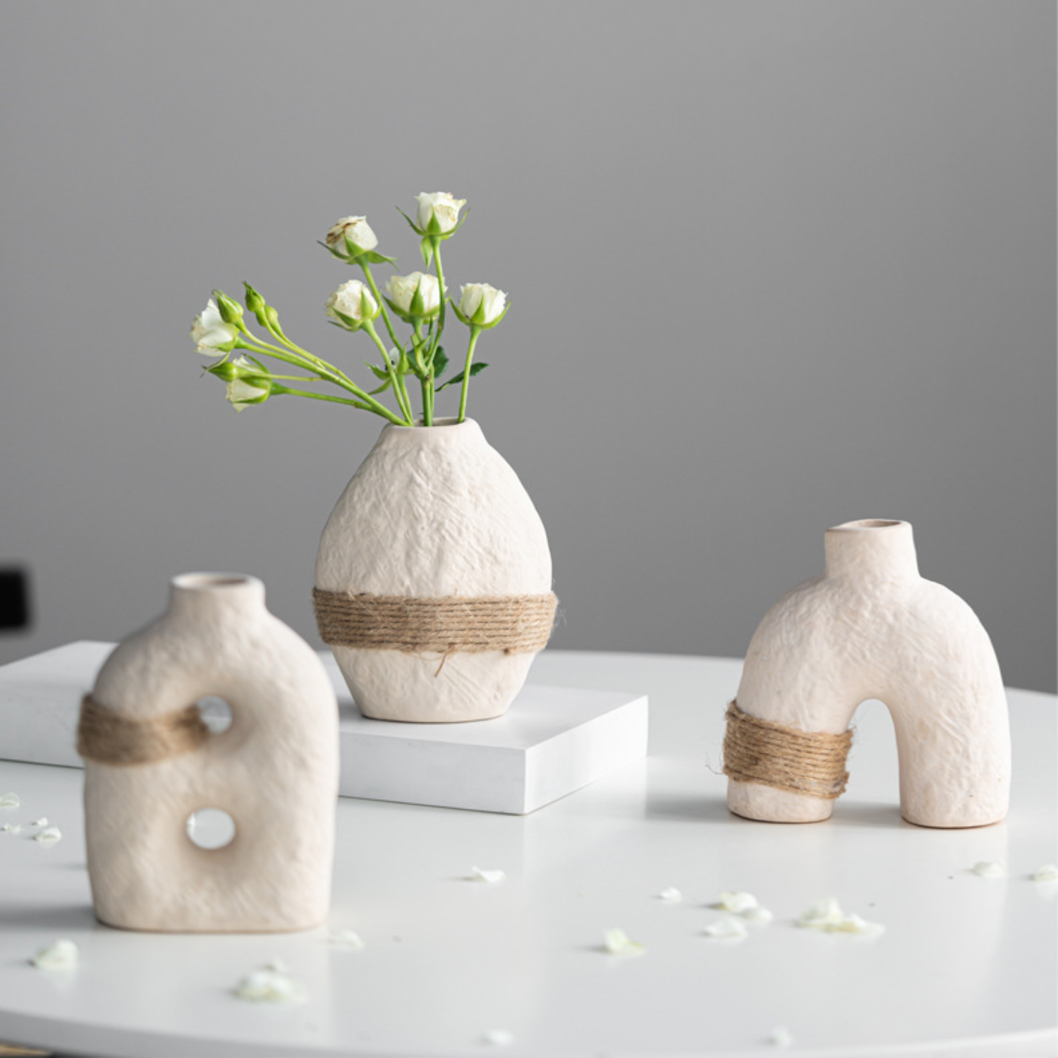 Bela Ceramic Vases Set | Textured White Porcelain, Natural Hemp Rope