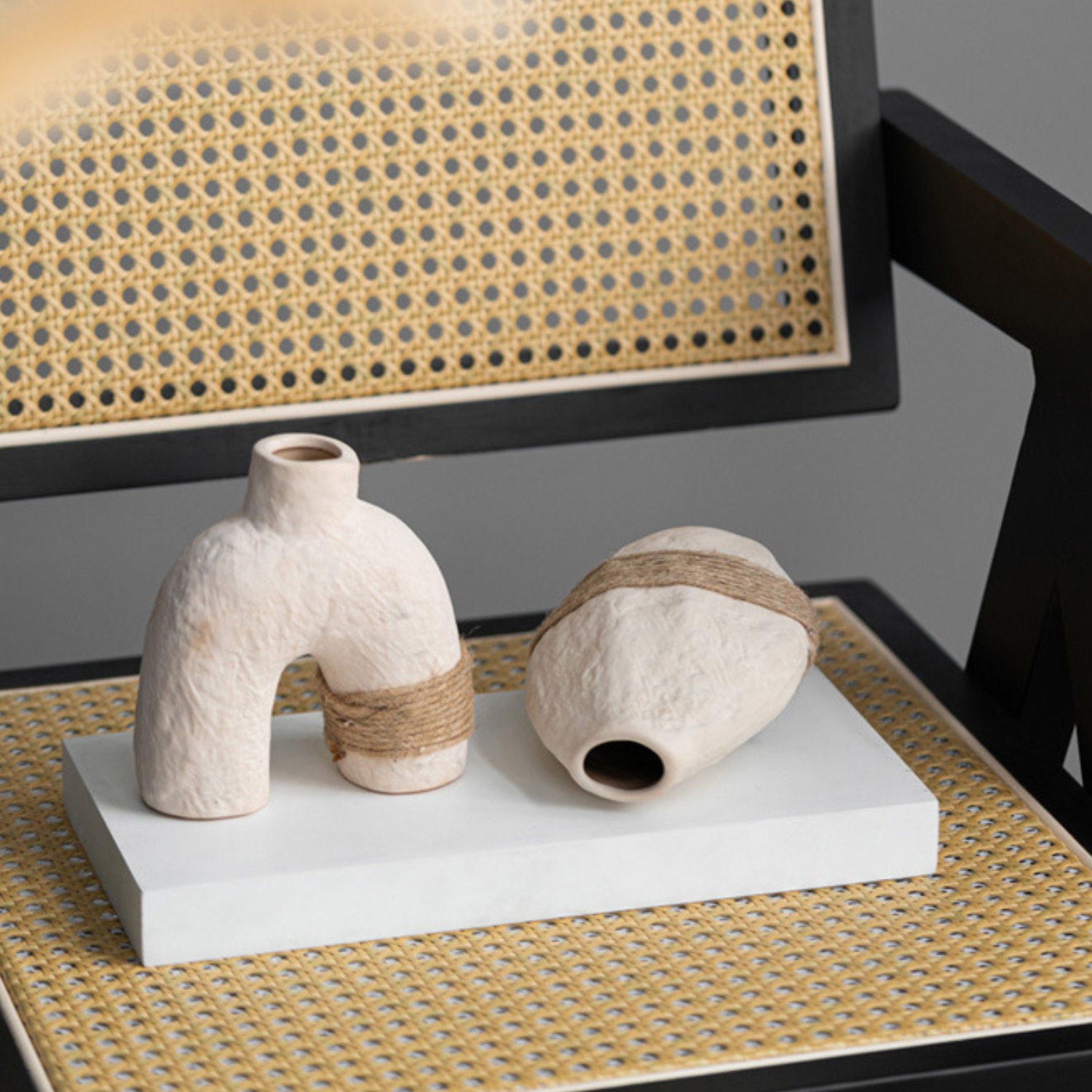 Bela Ceramic Vases Set | Textured White Porcelain, Natural Hemp Rope