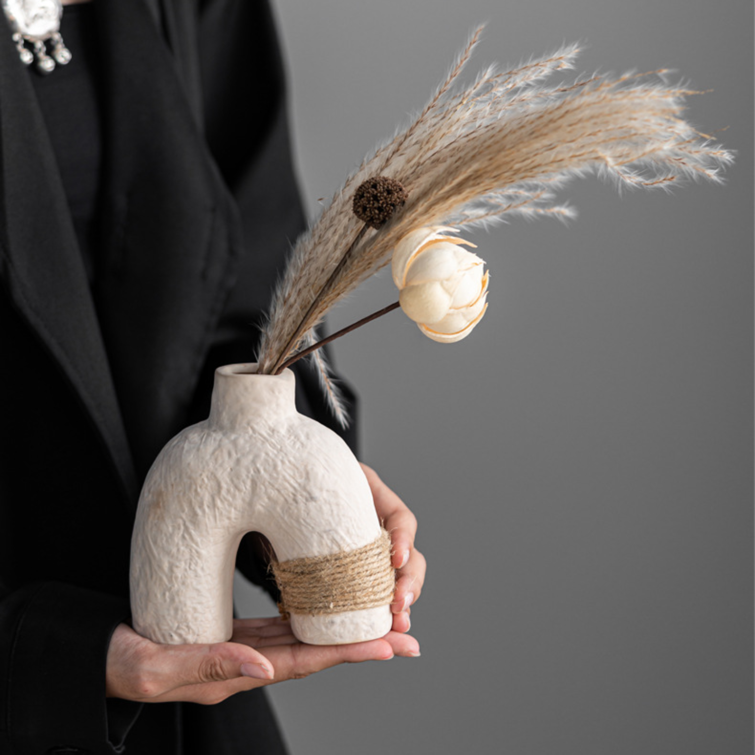 Bela Ceramic Vases Set | Textured White Porcelain, Natural Hemp Rope