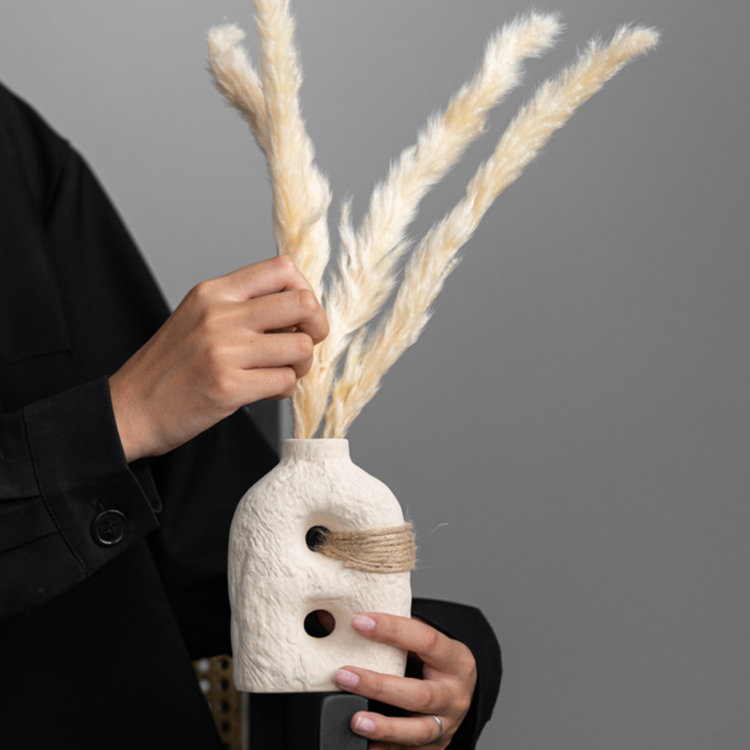 Bela Ceramic Vases Set | Textured White Porcelain, Natural Hemp Rope