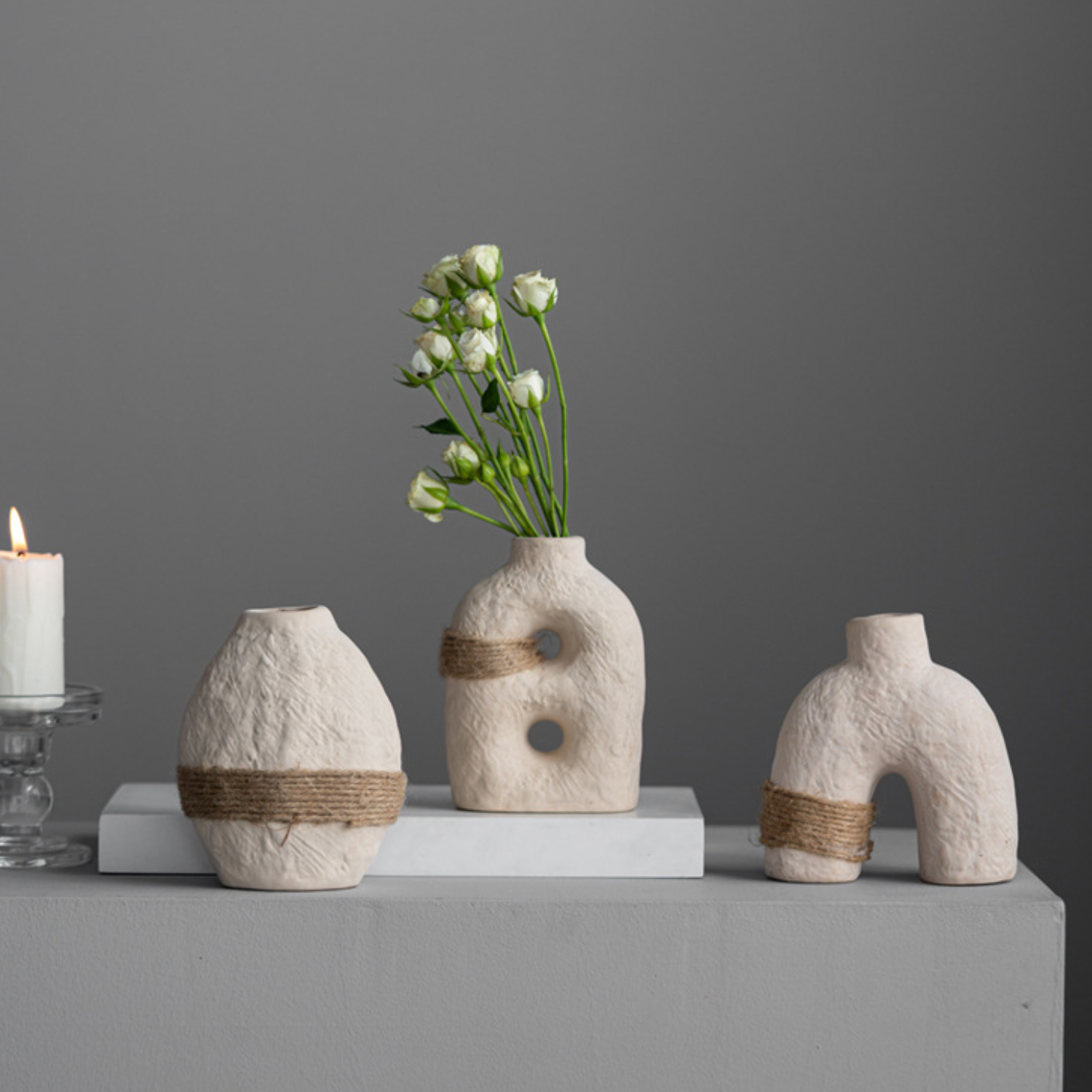 Bela Ceramic Vases Set | Textured White Porcelain, Natural Hemp Rope