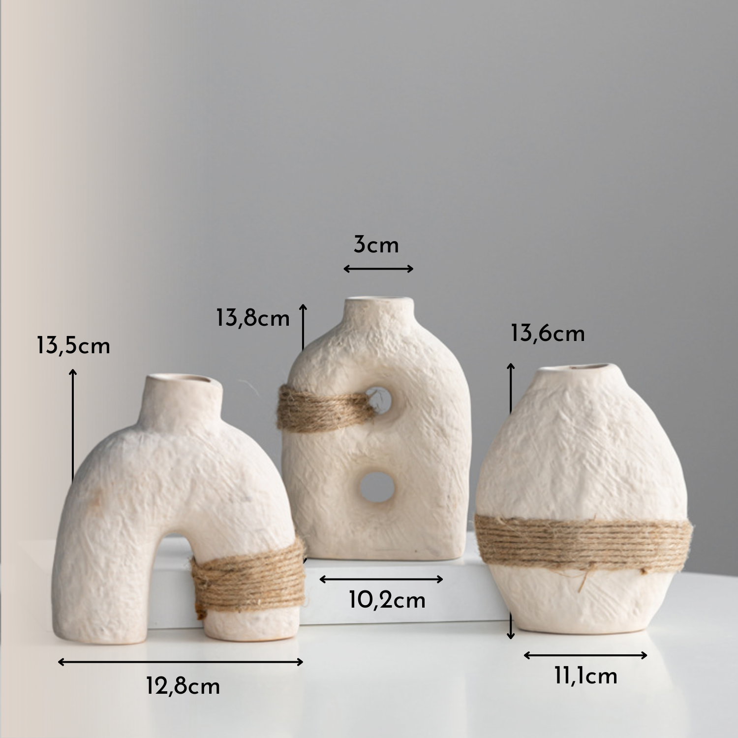 Bela Ceramic Vases Set | Textured White Porcelain, Natural Hemp Rope