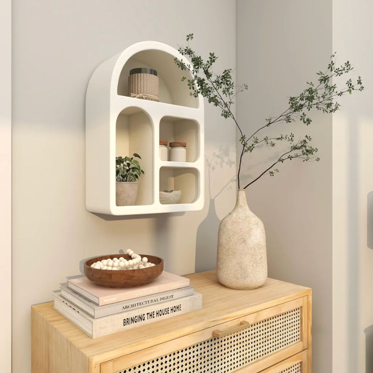 Belo Medium Shelf | Scandinavian Ivory Design, 4 Functional Niches