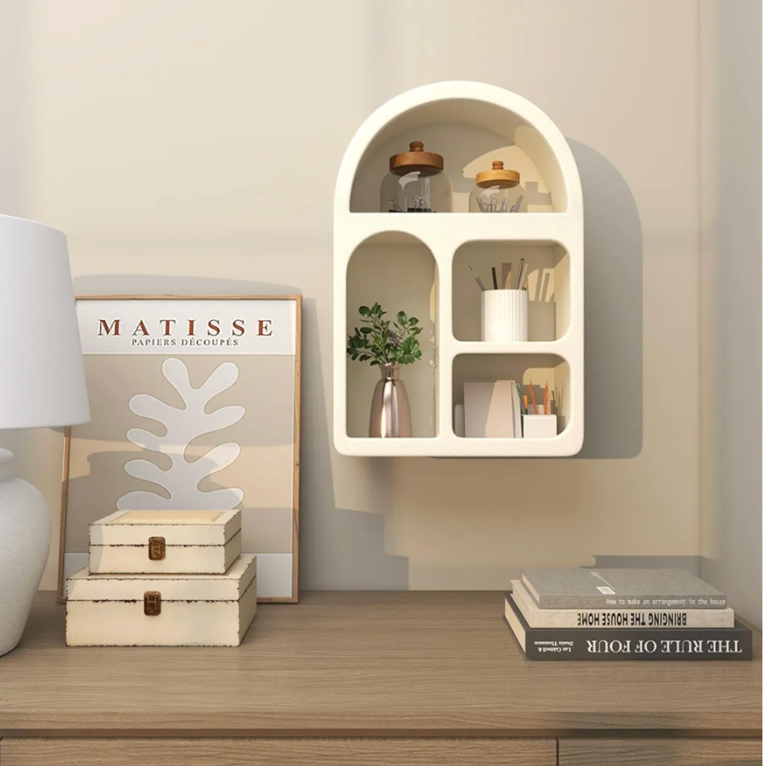 Belo Medium Shelf | Scandinavian Ivory Design, 4 Functional Niches