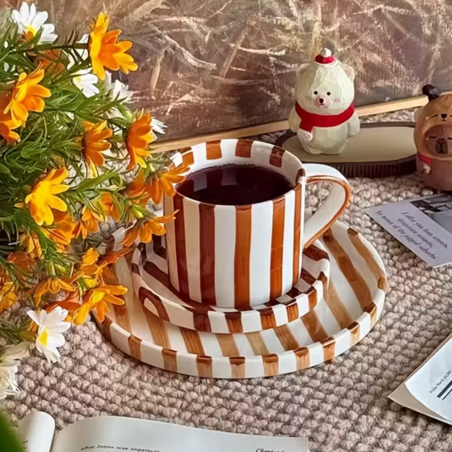 Brio Vintage Stripe Plate and Cup Set | Hand-Painted Ceramic 3 pcs