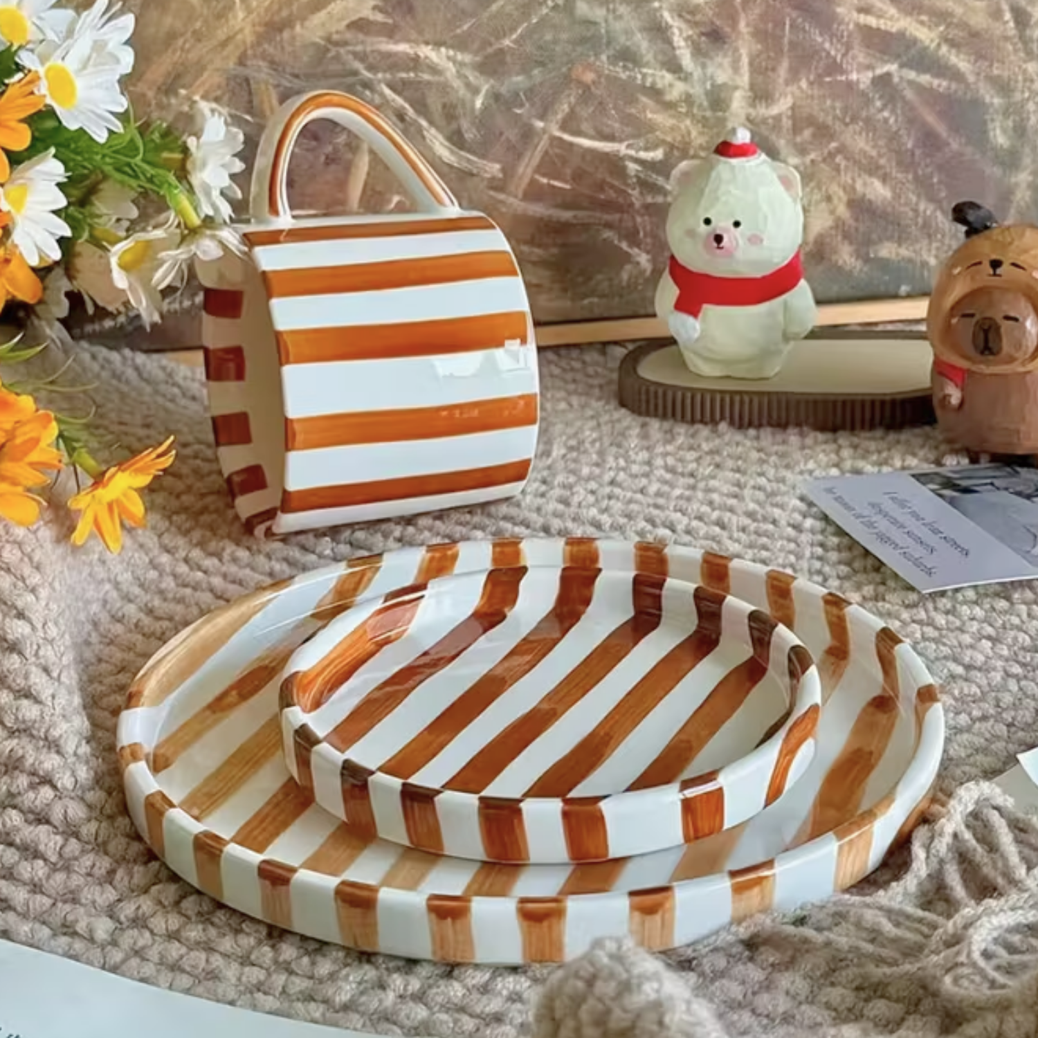 Brio Vintage Stripe Plate and Cup Set | Hand-Painted Ceramic 3 pcs