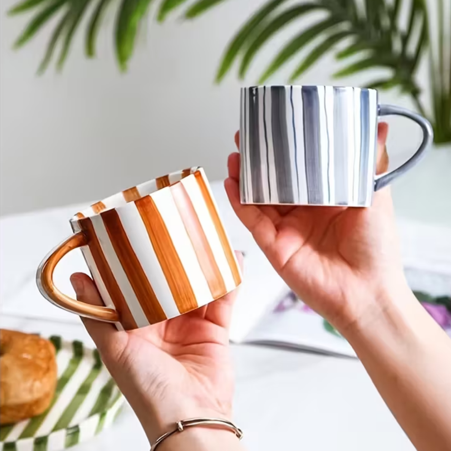 Brio Vintage Stripe Plate and Cup Set | Hand-Painted Ceramic 3 pcs