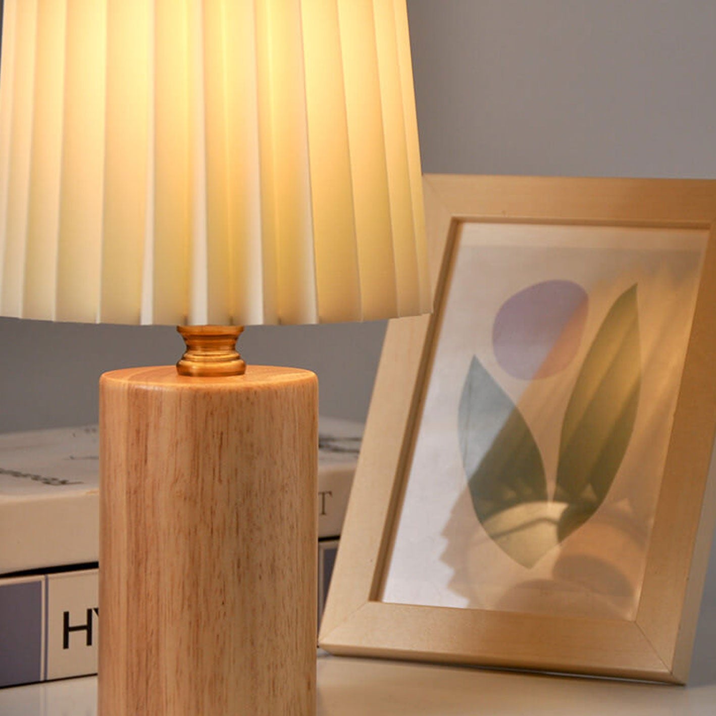 Classic Korean Pleated Column Table Lamp with Solid Wood Base - 1 Light