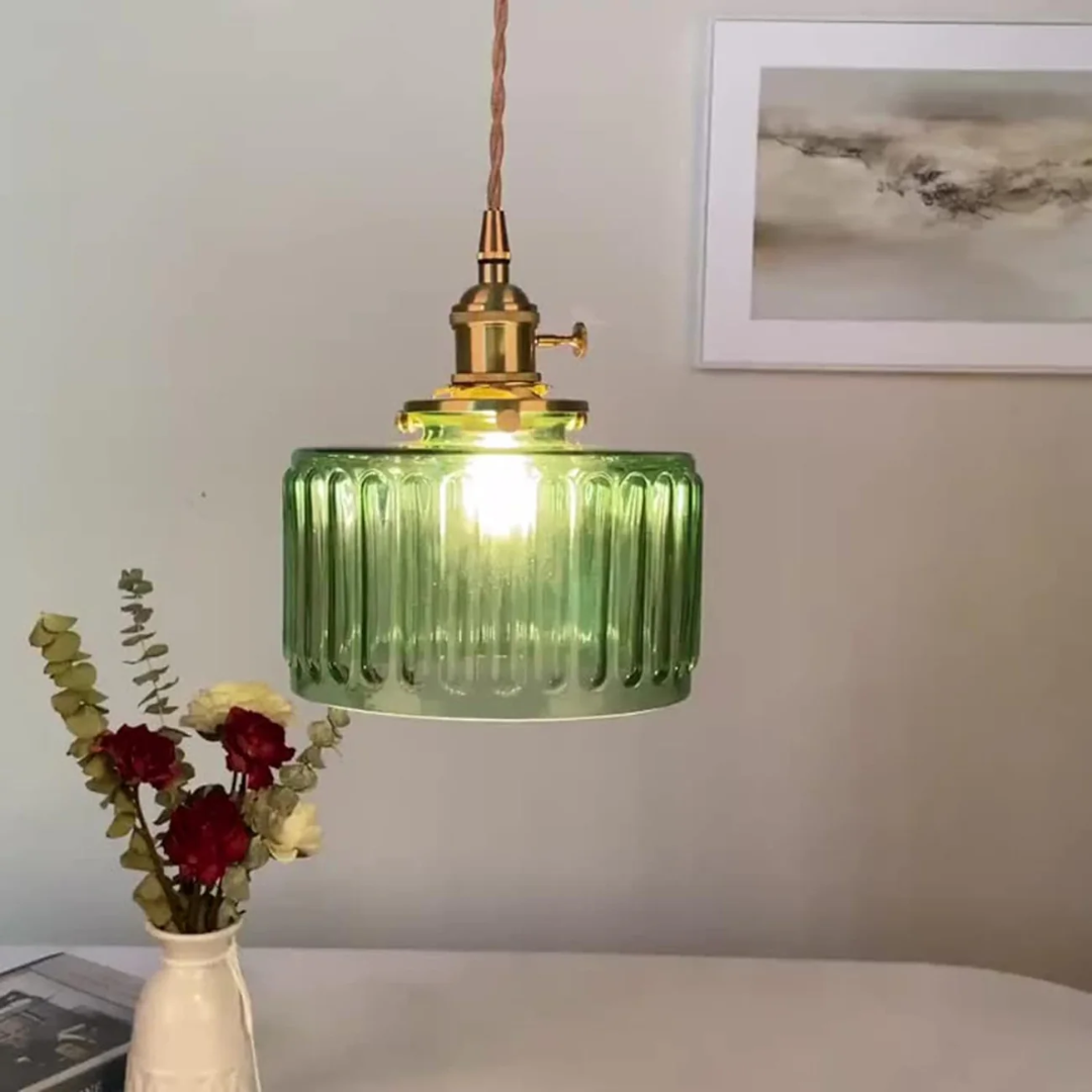 Gryo Glass Pendant Light | Ribbed Green Shade, E27 Fitting