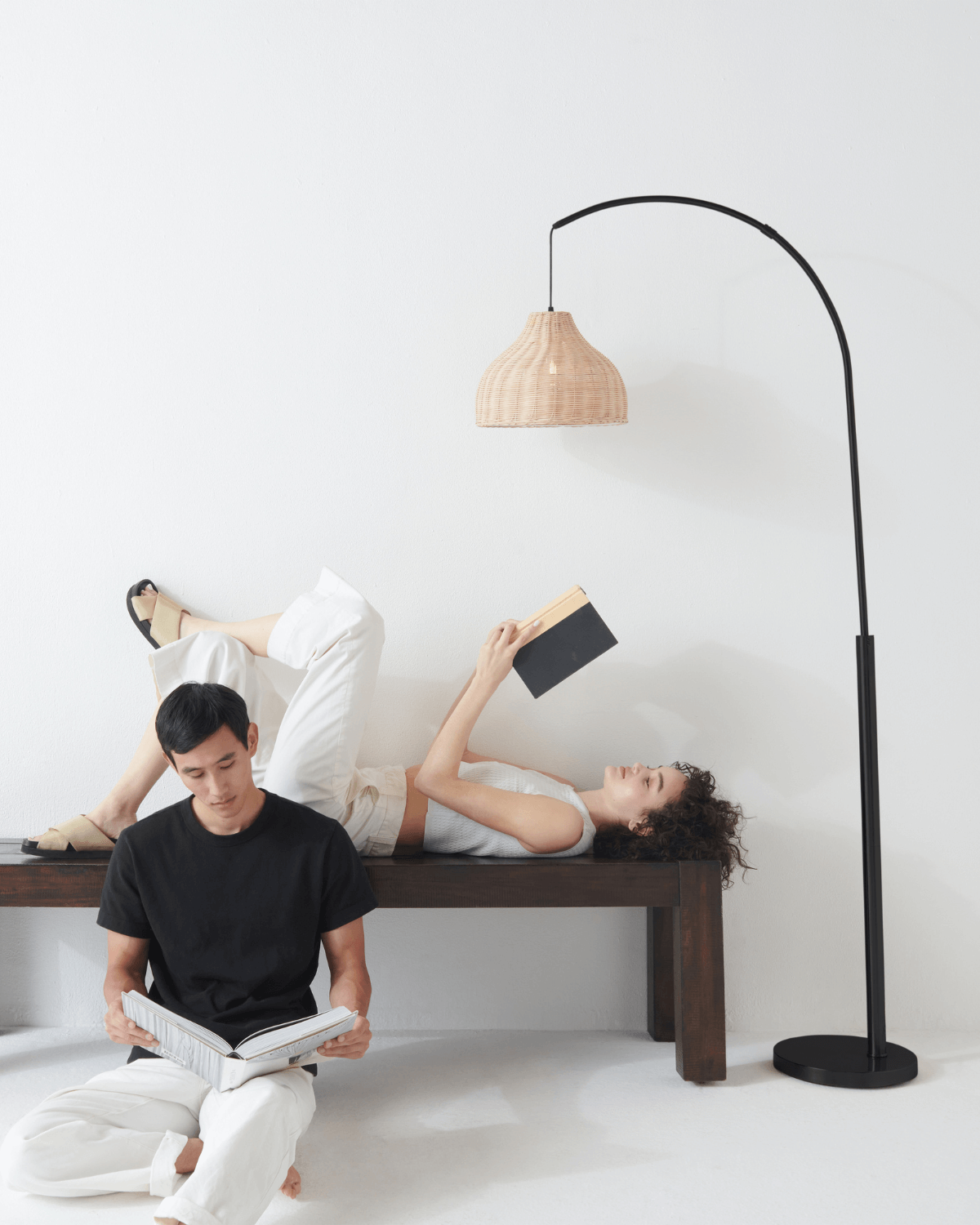 Luxe Arc Floor Lamp | Brass Finish, Wicker Shade