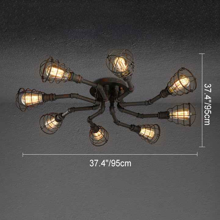 Industrial Vintage Round Iron Flush Mount Ceiling Light - Available in 4, 6, or 8 Lights