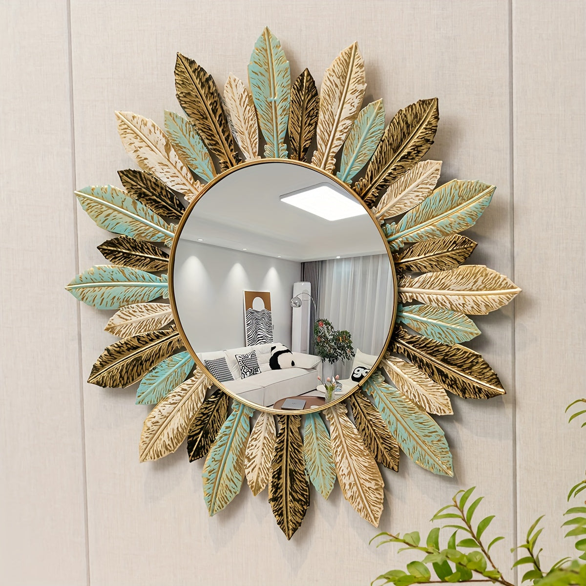 Bela Sunburst Mirror | Handcrafted Metal, Teal & Gold Design