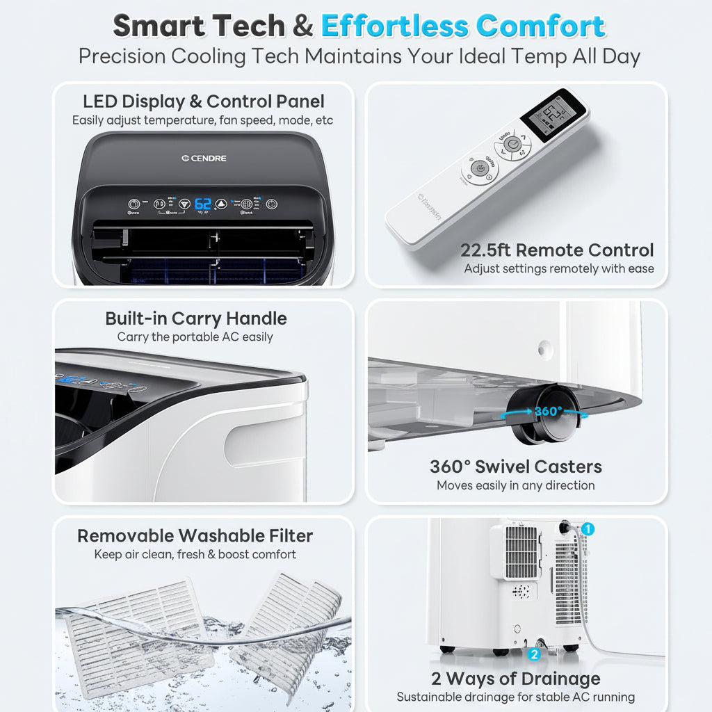 Cendre Smart Portable Air Conditioner 14,000 BTU, WiFi & Remote Control